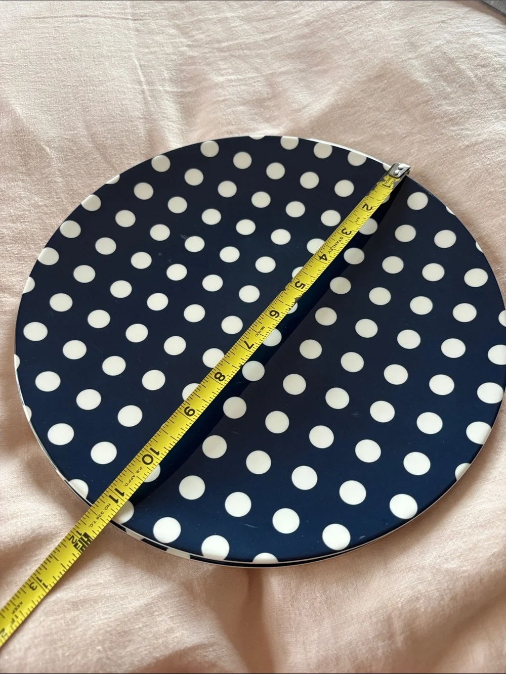 2 Kate Spade Melamine NOT plastic Navy Blue Polka Dot Dinner Plates White Dots